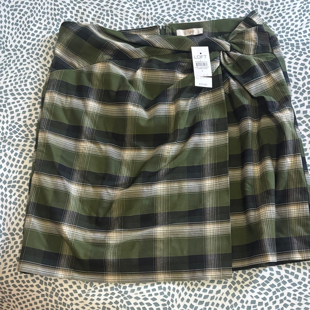 LOFT Olive Green Plaid Mini Skirt